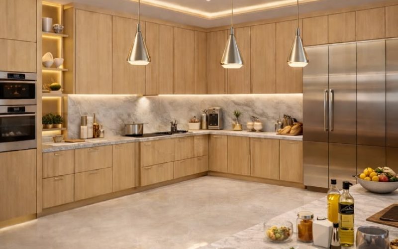 Modern Light Wood Kitchen Design with Marble Countertops & LED Lighting